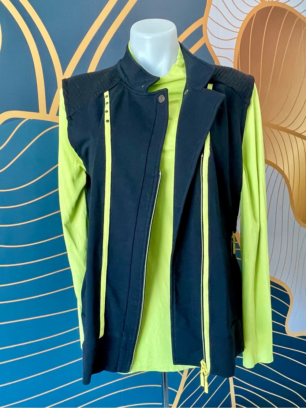 Navy Spanner Vest with Neon Lime Green Accent Zipper and Turtleneck